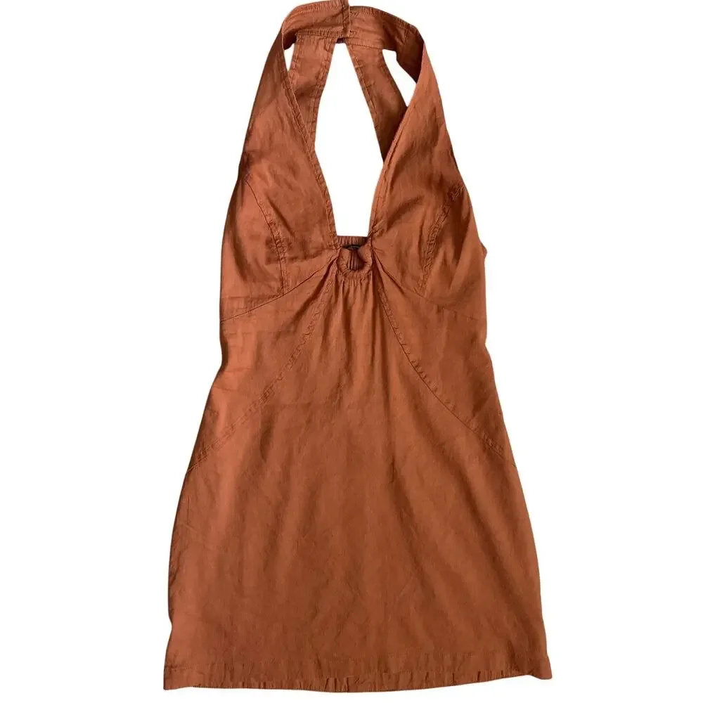 Anthropologie Maeve Halter Linen-Blend Mini Dress Brown Size 8 - Picture 9 of 11